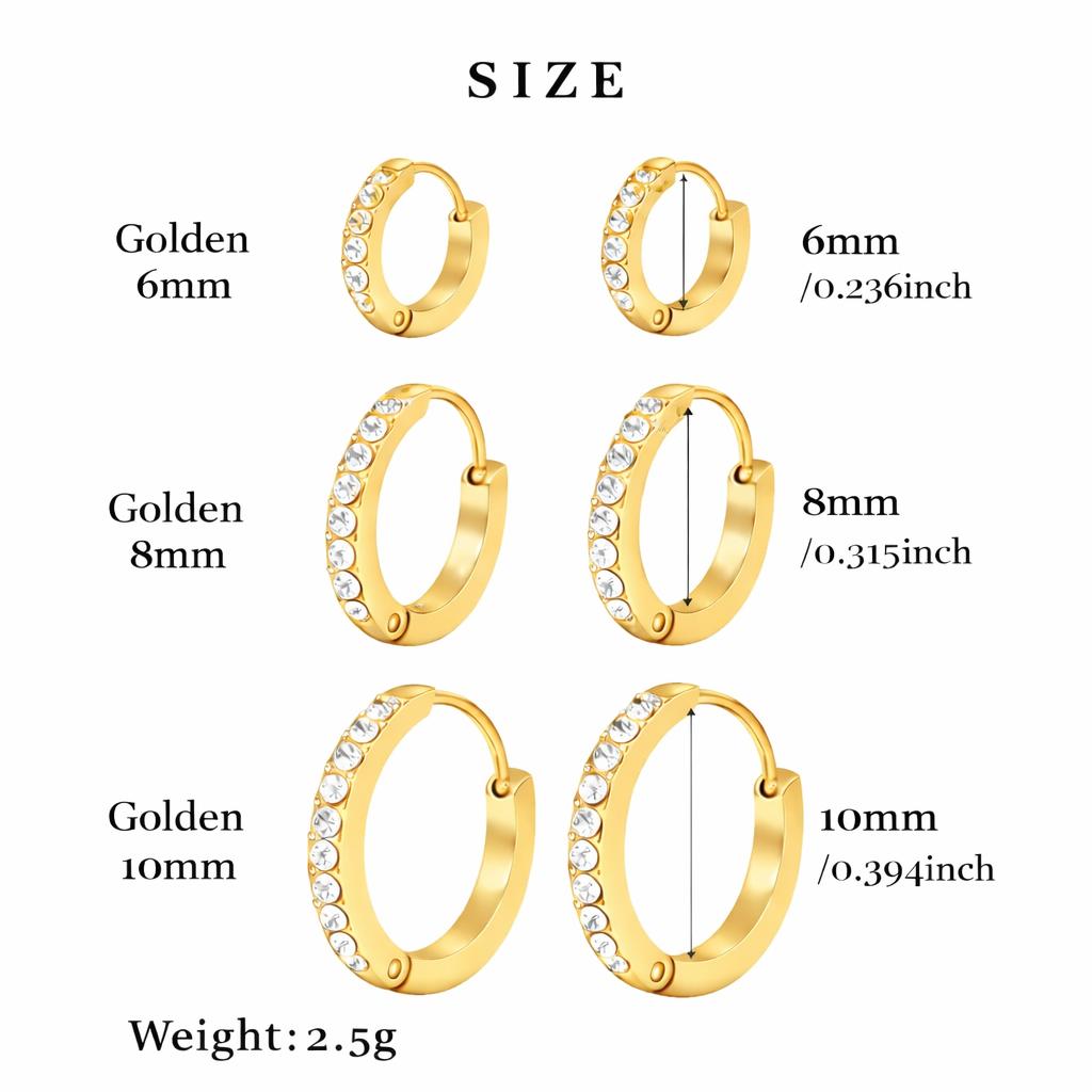 18K Gold Plated Stainless Steel Hypoallergenic Colorfast Environmentally Friendly Hoop Earrings Set with Cubic Zirconia Cartilage Snug Pierced Ears Comfortable Wear Versatile Fashion Jewelry Gift for Holiday Haul Christmas Birthdays Anniversaries