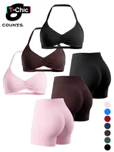 6-Piece Women's Summer Crop Top & Shorts Set, Seamless Shaping Gym Wear, Workout Sets Women, Strong Support, High Elasticity, Sexy Slim-Fit Style