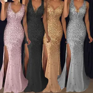 2025 European and American Women's Fashion Long Dress Spaghetti Strap V-neck Slit Gold Sequin Gown Dress Formal Womenswear Sleeveless Workwear