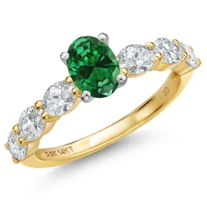 Gem Stone King 14K Two Tone Gold Green Created Emerald and Lab Grown Diamond Engagement Ring For Women | 1.25 Cttw | Oval 6X4MM | Gemstone May Birthstone