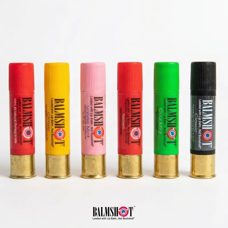 BALMSHOT 6-Pack Variety Balm Stick Lip Treatments Bundle (SAVE 20%) - Natural Beeswax, SPF 15 Sun Protection, Vanilla, Moisturizing, Vitamin E, Natural Oils, Gluten Free, Brass Base, Shotgun Shell Design, Hunter-Gift Ready, Made in USA, for Outdoors