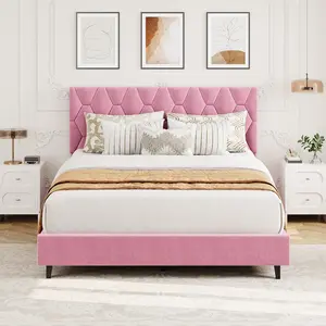 Pink Queen Bed Frame with Upholstered Headboard, Heavy-Duty Platform Bed Frame with Strong Wood Slats, No Box Spring Needed/Noise Free/Easy Assembly