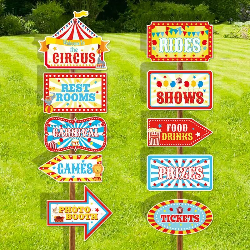 Carnival Party Direction Signs, 10pcs/set Circus Welcome Signs, Outdoor Party Decoration Accessories, Yard Sign, Home Decor for Birthday Showman Themes Party, Ornaments, Decorative Plaque, Outdoor Plaques