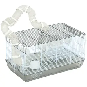 PawHut Hamster Cage, 2 Levels Gerbil Cage, Small Animal Cage for Dwarf Hamster with Tubes and Tunnels, Exercise Wheel, Food Dish, Water Bottle, Ramp, 23" x 13" x 12", Gray