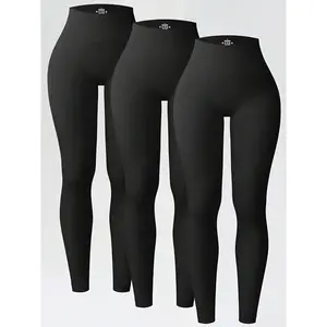 3pcs High Waist Sports Leggings, Running Workout Fitness Yoga Pants Tight Gym Pants for Women High Waisted Soft Workout Leggings high-elastic ribbed solid color