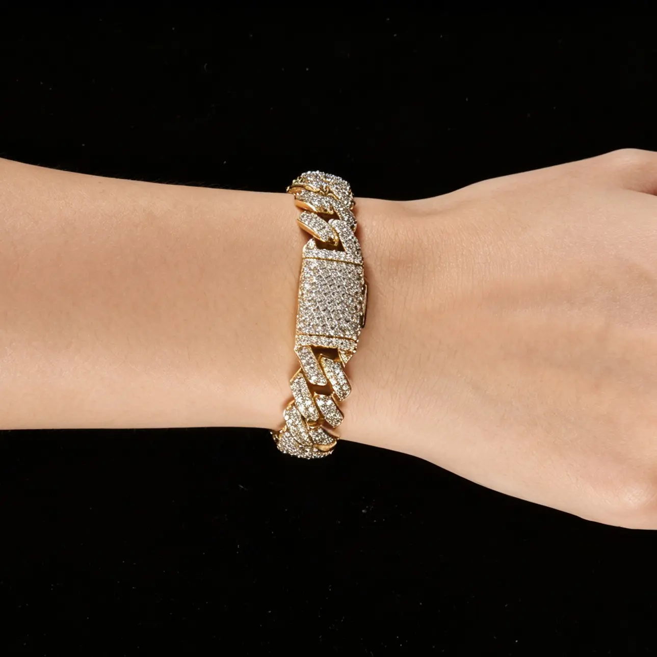 14MM 14K Real Gold Plated Copper Double Row Cubic Zirconia Cuban Link Bracelet  Iced Out Hip Hop Jewelry , Bling Miami Curb Chain Wrist Bracelet With Full Stone Setting