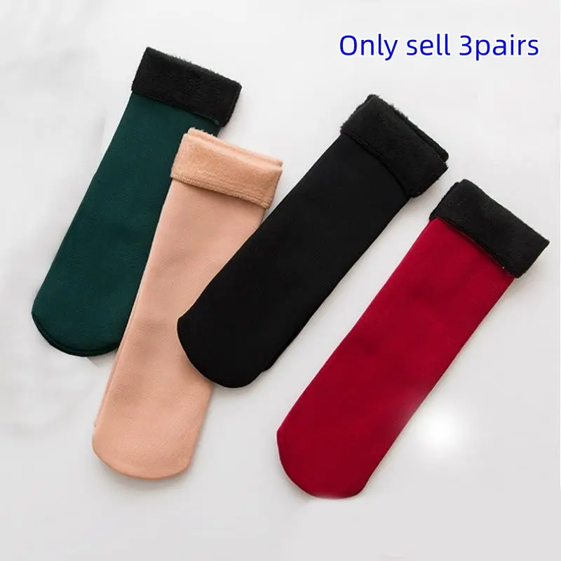 3 Pairs Thermal Knit Plush Socks, Wool Lined Warm Self-Heating, Mid-Calf Unisex Winter Outdoor Sports Socks