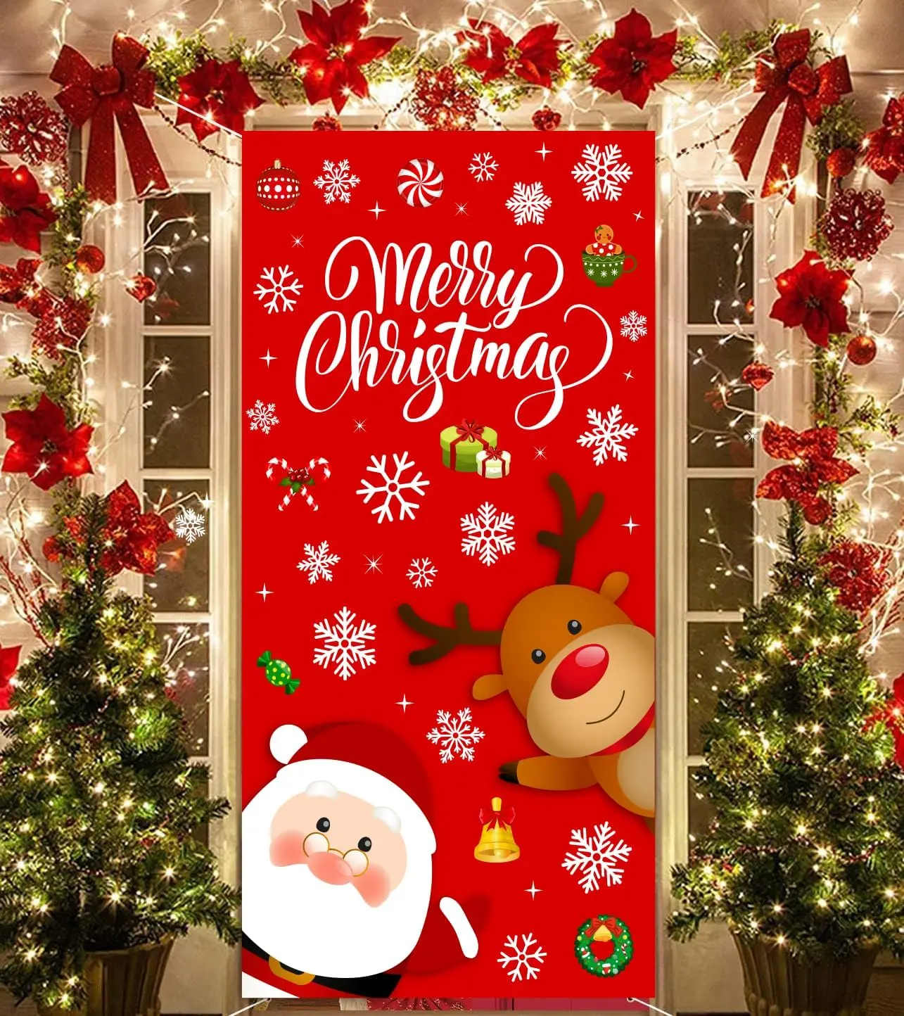 Cute Christmas Door Decorations Santa Elk Christmas Door Cover Christmas Hanging Wall Decorations Christmas Door Banner for Christmas Indoor Outside Decorations