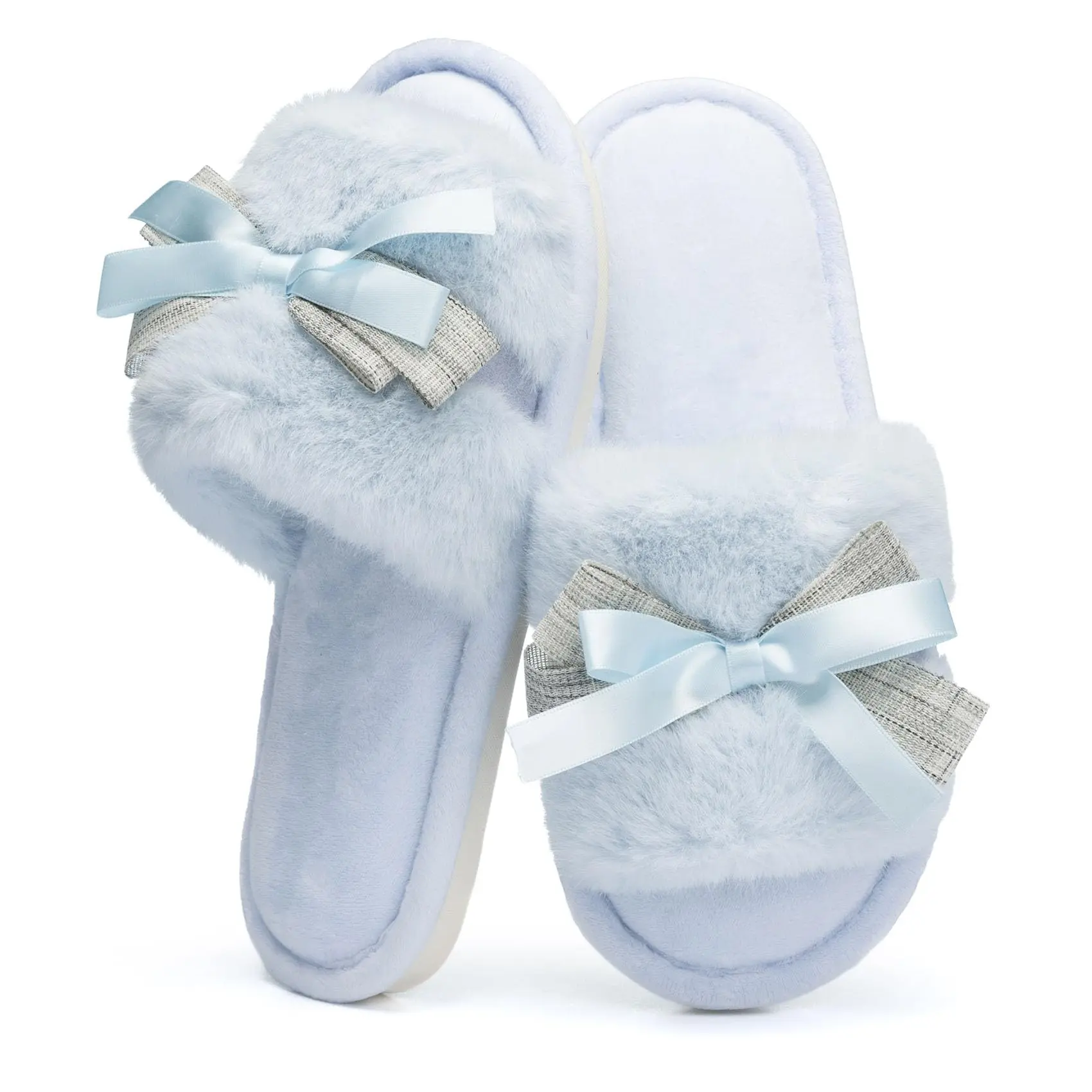 Cute Bow Slippers for Women with Memory Foam Open Toe Fuzzy House Slippers Indoor Outdoor Anti-Skid Soft Birthday Gifts for Women Mom
