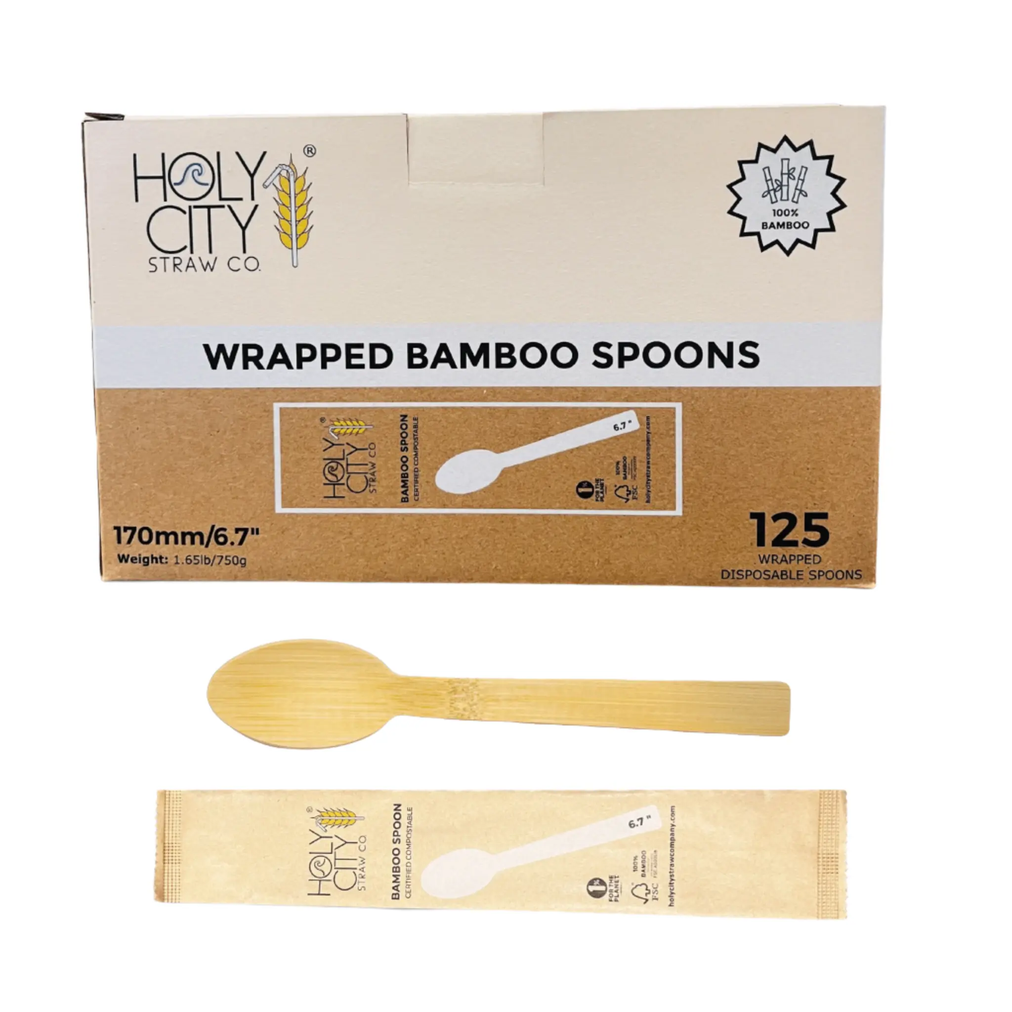 Holy City Straw Co. Wrapped Bamboo Spoons | 125-3000ct. | 6.7in | Compostable & Plastic-Free | Great for Foodservice & Hospitality, To-Go Utensils