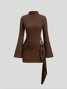 Women's Slim-Fitting Dress, Elegant Draped Style Classy Flattering Plain Design, Perfect for Casual & Formal Occasions, Comfortable All-Day Wear