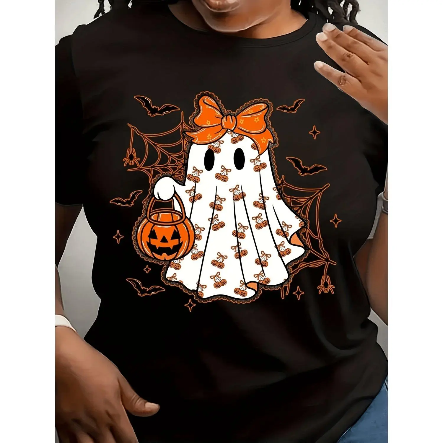 Spooky Sublimation Lacey Lace Print Tshirt Short Sleeve Round Neck Casual Halloween Party Outfit Breathable Daily Wear Top Machine Washable Seasonal Year Round