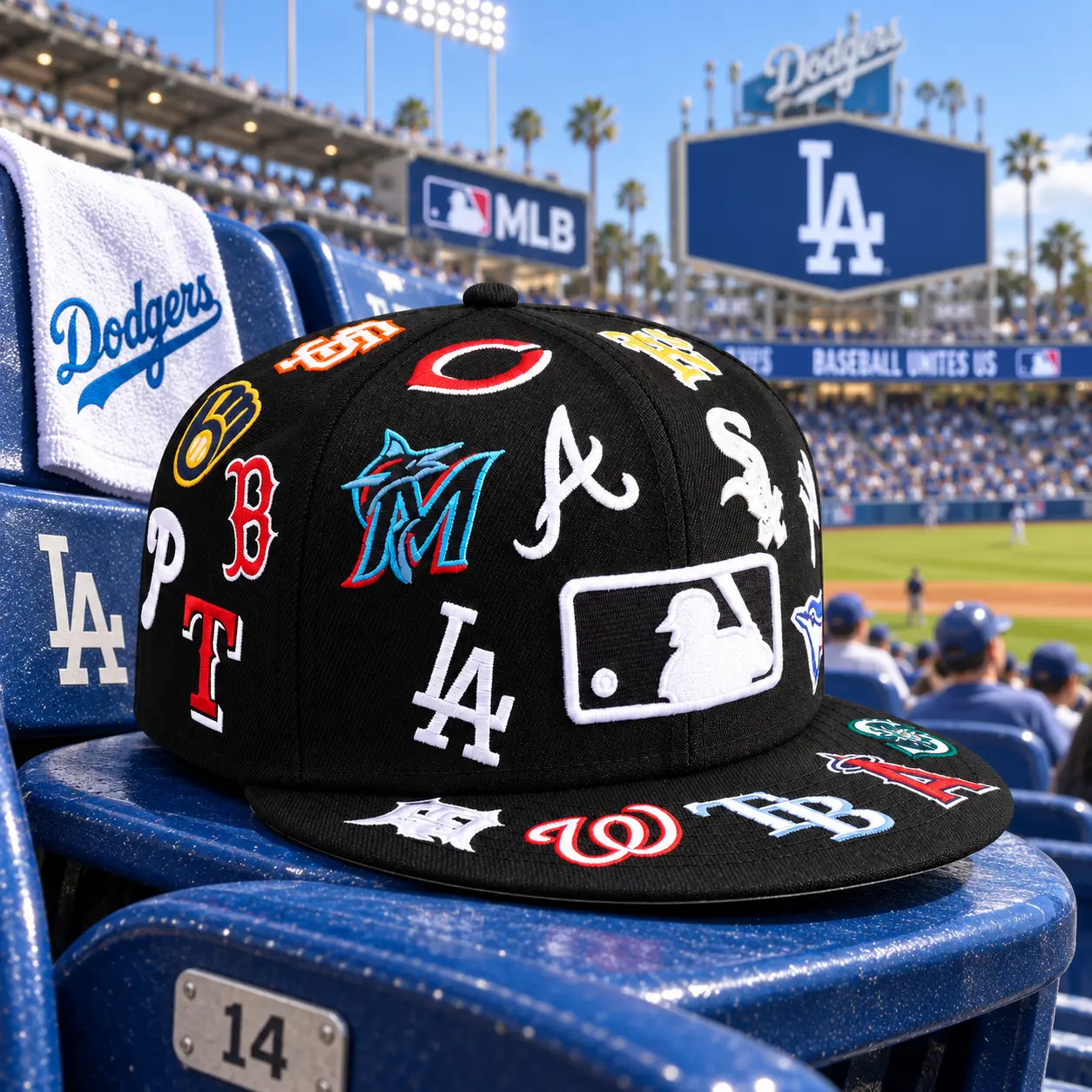 MLB Logo Scramble 59FIFTY Fitted Hat | Black All-Over Embroidered Baseball Cap | Flat Brim Streetwear Hat