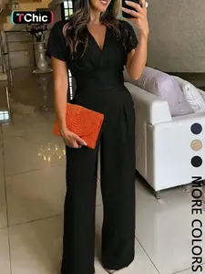 Women's Solid Color Wide Leg Jumpsuit, Surplice V-Neck, Short Sleeves, Smocked Elastic Back Waist, Back Keyhole Button Closure, Side Pockets, Drapey Breathable Woven Fabric, Office Work, Cocktail Party & Daily Wear, Chic