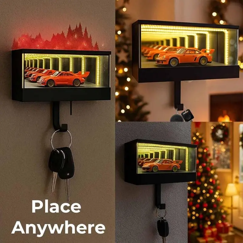 Infinity Garage Keychain Hanger, Race Car Key Holder Wall Mount with LED, Infinite Glowing Illusion Tunnel, Keypit Garage Key Holder, Glowing Garages Keys Hook Rack Home Decor for Car Lover Gift