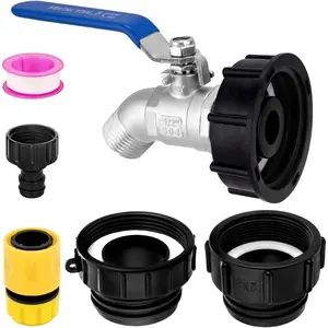 3-Size IBC Tote Adapter Kit for 275-330 Gallon Water Tanks Hose Fittings, 2.44" Fine, 2" Fine and 2" Coarse Threads, 1/2" Male NPT x 3/4" Male GHT 304 Stainless Steel Garden Hose Faucet