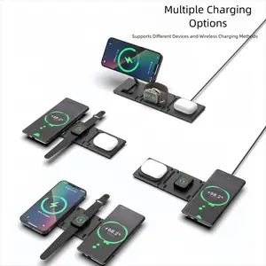 Three-In-One Magnetic Wireless Charger Stand, Foldable Charging Station, Compatible with Apple Huawei Android Devices, Desktop Charging Base, Phone Holder