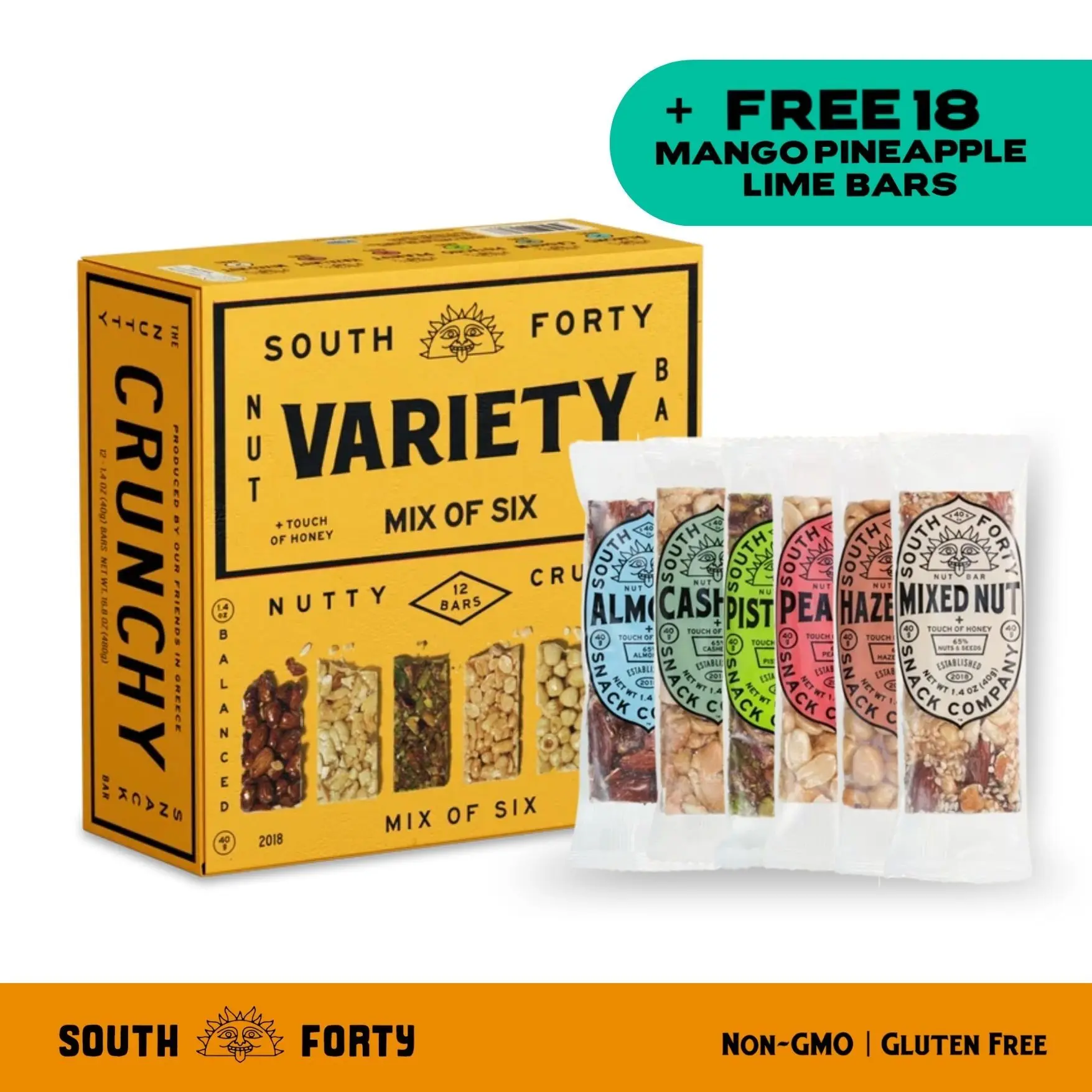 South Forty Snacks Crunchy Nut Bars Variety Pack of 12 | Mix of 6 Flavors | 40g Individually Wrapped Nut Bars