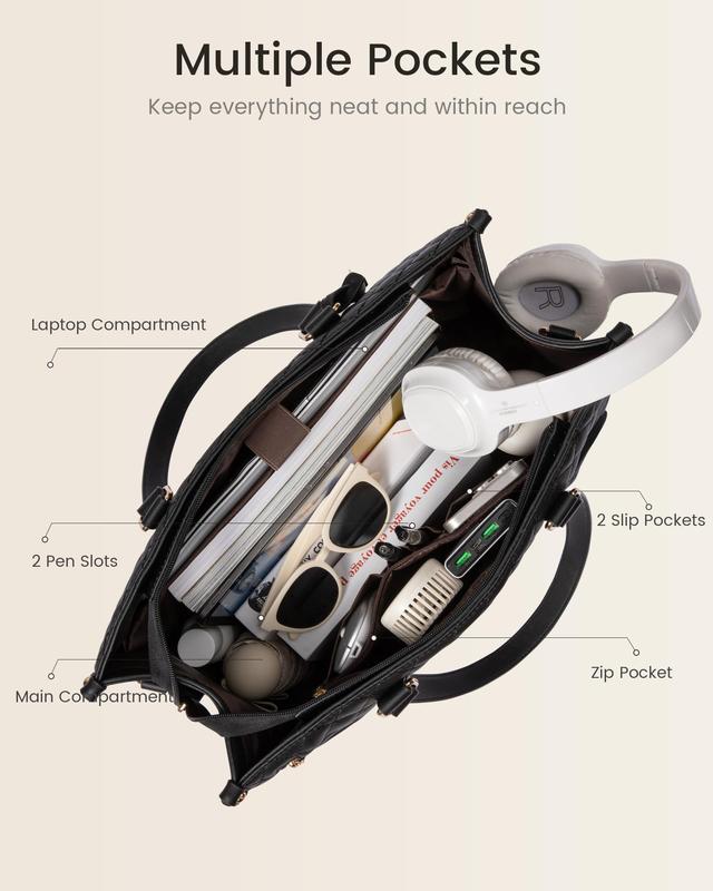 Large Women's Lunch Bags with Insulated Compartment 15.6" Laptop Tote Bag with Leakproof Lunch Box Pocket Work Bag Handbag Black Quilted Design Travel Essentials