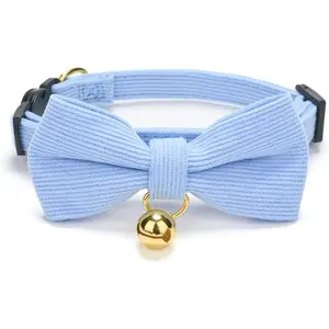 Adjustable Cute Soft Corduroy Cotton Breakaway Cat Collar with Bow Tie and Bell for Girl and Boy Cats