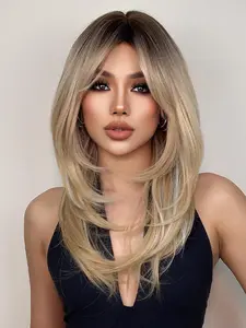 24 Inch Summer 2024 Golden Long Straight Wigs for Women, Gorgeous Fluffy Wigs Without Bangs, Synthetic Full Machine Wigs for Party, Cosplay, Daily Use, Synthetic Straight Hair