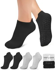4 Pairs Pilates Socks for Women - Non Slip Grip Socks for Yoga, Barre, Hospital, Barefoot