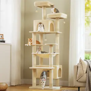 Large cat tree for large cats, litter box with sisal-covered scratching post and scratching pad, 2 padded perches, double litter box and cat basket for indoor cats