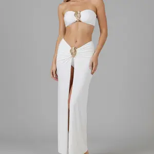 Women's 2 Piece Strapless Bikini Set with High Slit Maxi Skirt, White Gold Shell Buckle Detail Bathing Suit for Beach Vacation,Bandeau Bikini Top with Ruched High Slit Maxi Skirt