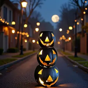 3pcs Halloween Metal Pumpkin Decorations - Black Hollow Face Design, Stackable & Durable, Indoor/Outdoor Use, Easy Assembly, No Candle Included, Perfect for Halloween Festivities, Halloween Decorations