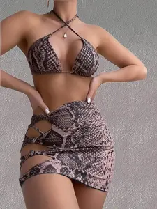 Three-piece Set Women's Snakeskin Print Bikini Set, Casual Fashion Chic Swim Bra & Swim Bottom & Cover Up Skirt Swimsuit for Beach Holiday Vacation, Ladies Swimwear for All Seasons, Halter Neck Bikini, Bikini Swimsuits