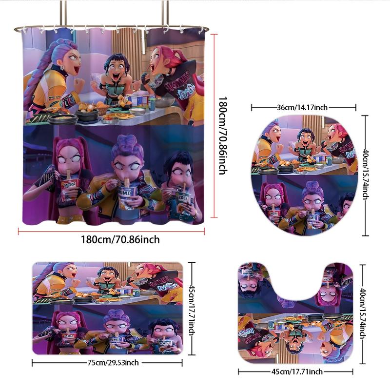 K-POP Demon Hunters Bathroom Set, Including Shower Curtain with 12 Hooks, Non-Slip Bath Rug, U-Shaped Toilet Mat, Toilet Lid Cover, Bathroom Decoration Accessories