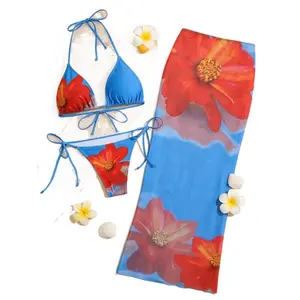 Blue Bottom Red Flower Split Swimsuit 3pcs Set Hanging Neck Triangle Cup+lace-up Swimming Trunks+same Printed Gauze Long Skirt Blouse Covering Belly Swimsuit Plus Size Friendly Seaside Holiday Beach Hot Spring Swimsuit Fresh