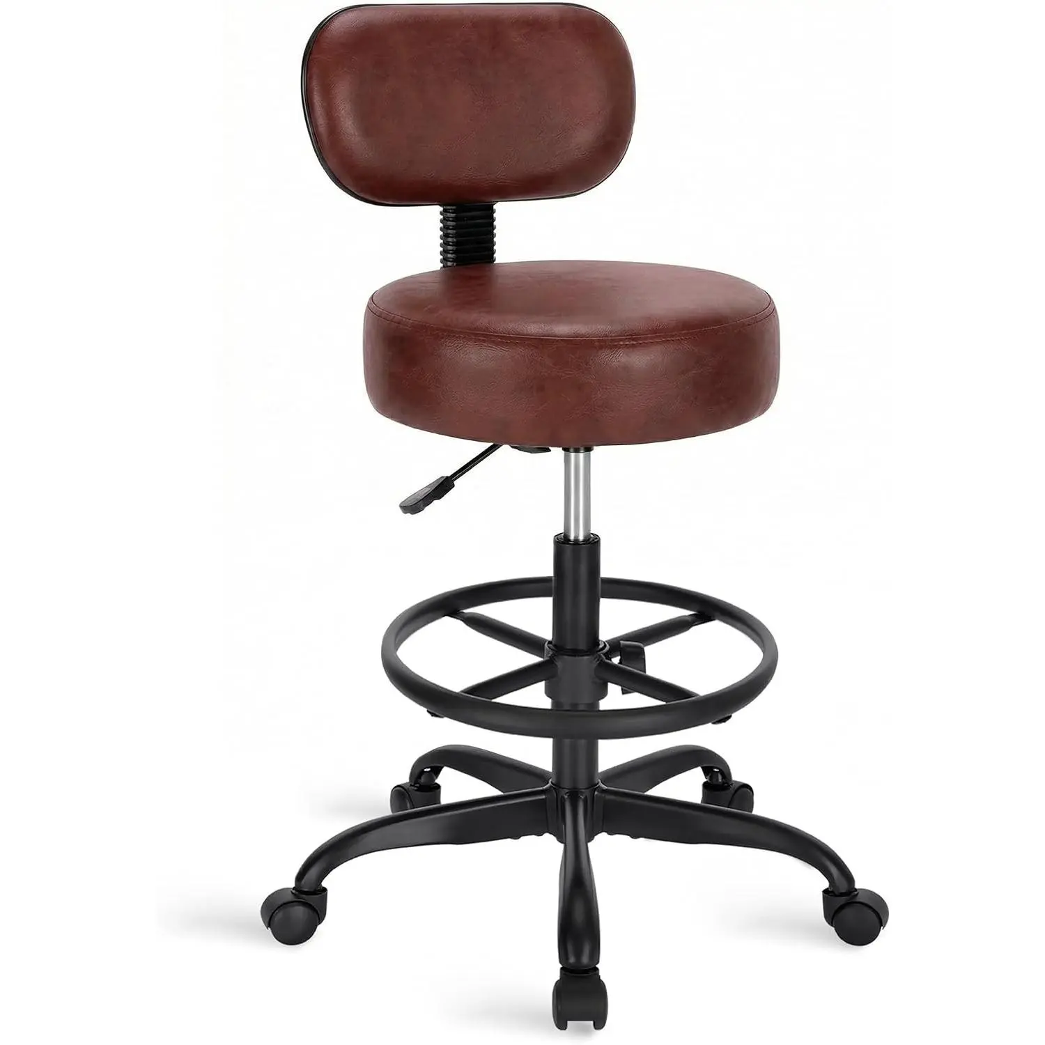 Drafting Chair with Back, Adjustable Foot Rest Rolling Stool, Multi-Purpose Office Desk Chair, Thick Seat Cushion for Home Bar Kitchen Shop - Rustic Brown
