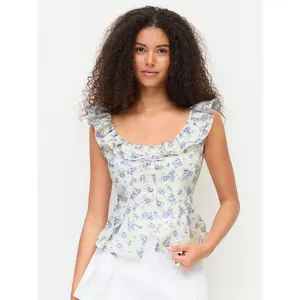 Cider Textured Cotton-blend Floral Scoop Neck Ruffled Tank Blouse