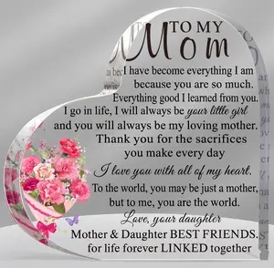 To My Mom Heart Acrylic Plaque Sign, Sentimental Mother's Day Gift from Daughter, Minimalist Farmhouse Floral Tabletop Home Decor, You Are My World Keepsake summerwins,summerwins