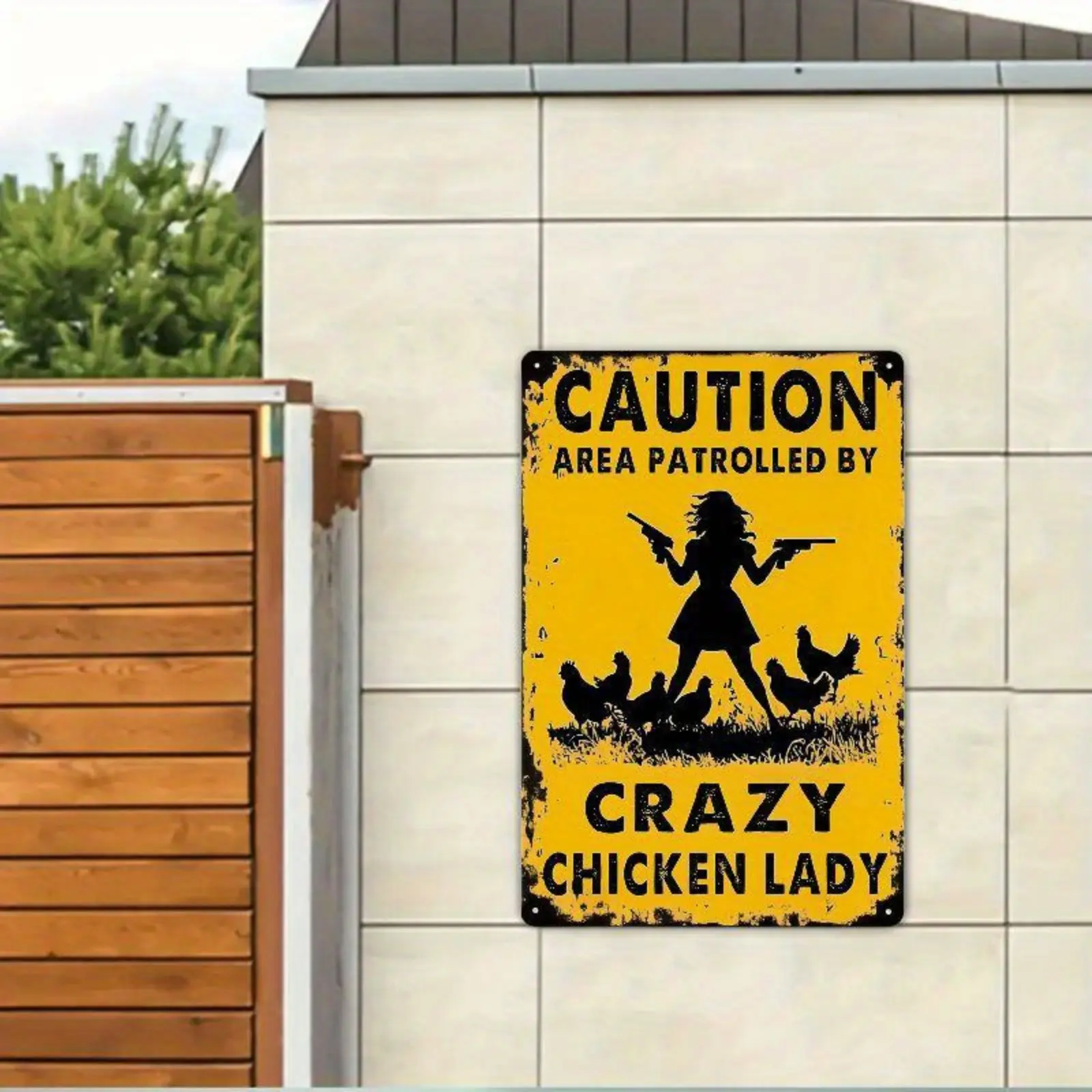 Cartello di latta in metallo con scritta Caution Chicken Xing, con