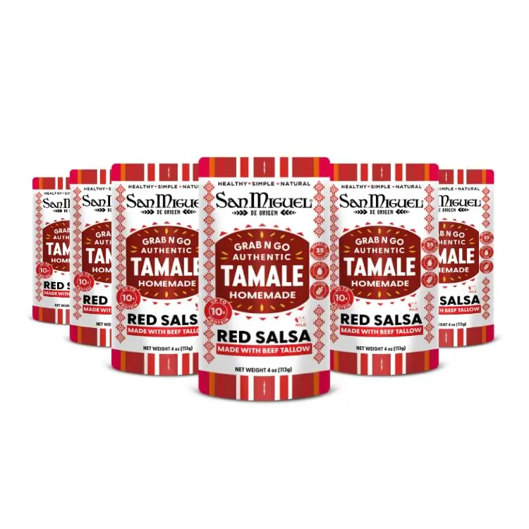 San Miguel de Origen Authentic Red Salsa Tamales, 10g Protein, Made with Beef Tallow & Avocado Oil, Ready-to-Eat Mexican Tamales, Gluten-Free Pantry Food, Mild Heat, Packaged Food, Pack of 6 (4 oz Each)