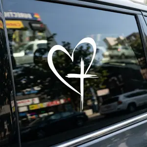 2 Pcs Heart & Cross Car Sticker Decal, Waterproof Vinyl Love Cross Rearview Mirror Sticker, Universal Exterior Accessories for Laptop Window Notebook Wall Decor, Easy Peel & Apply White Decal,  for Cars Trucks SUVs outdoorfun