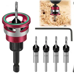 Adjustable Countersink Drill Bit Set with No-Scratch Depth Stop, 4 Pcs HCS Quick Change Hex Shank Wood Drilling Bits with L-Wrench for Professional Carpenters outdoorfun