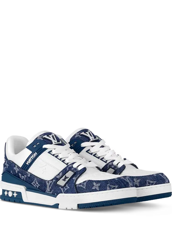 ‮ nottiuV siuoL ‬   Classic Ｔｒａｉｎｅｒ Ｓｎｅａｋｅｒ Retro Skate Shoes, Premium Denim Blue White Low-Top Leather Sneakers for Men