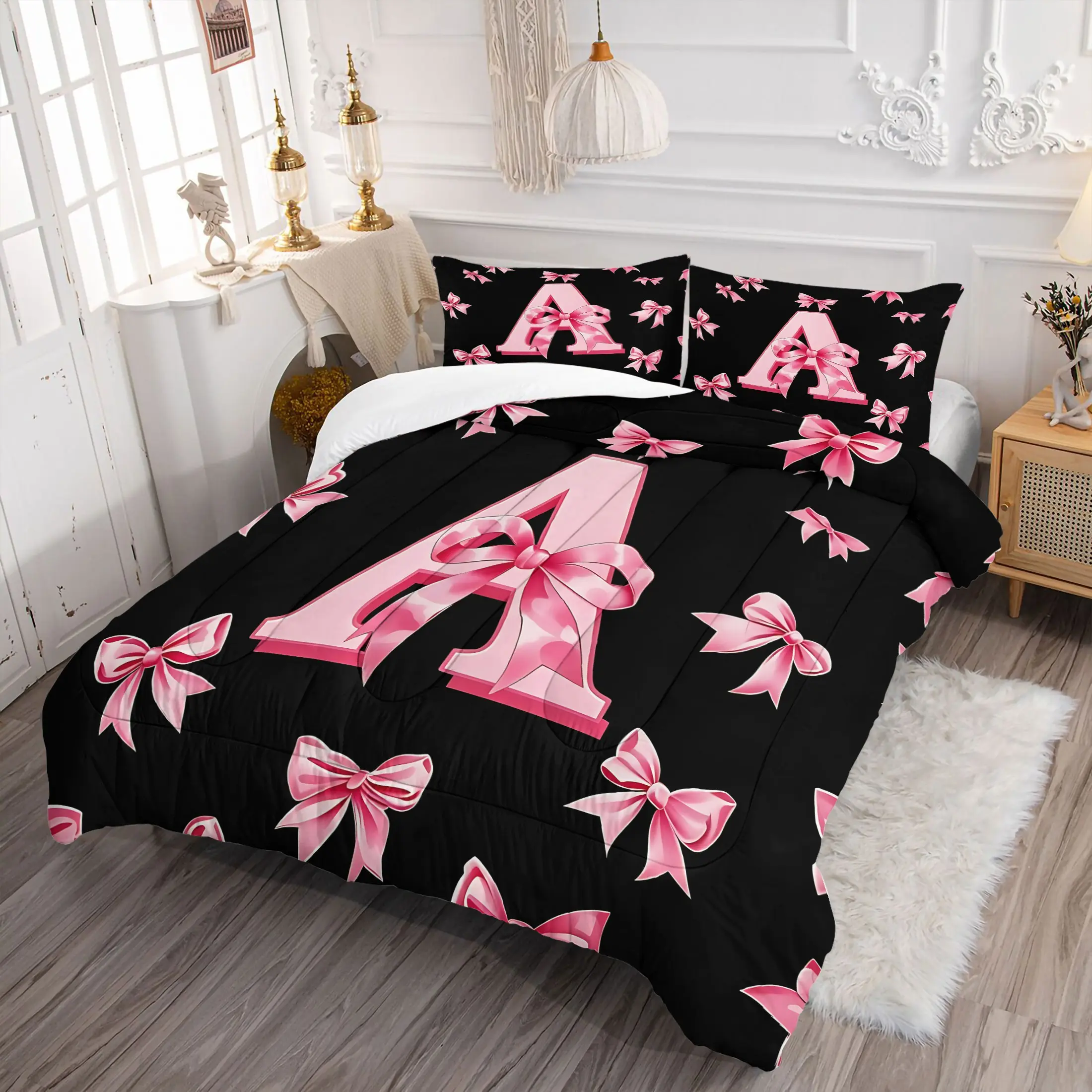 2/3Pcs Preppy Coquette Initial A-Z Comforter Set, Cute Pink Bow Print Quilt Bedding Set with Pillowcases, Matching Bedding, Black and Pink Girly Bedding for Girls Teens Kids, Bedroom Dorm Room Aesthetic Home Decor