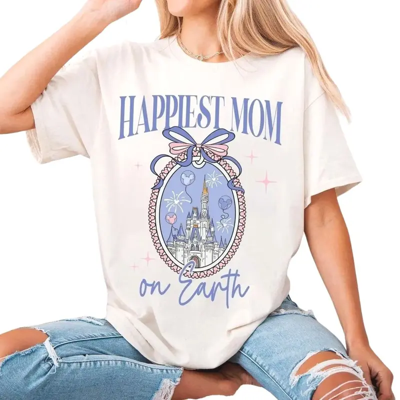 Adult Magic Kingdom Castle Coquette Bow T-shirt, Happiest Mom On Earth Shirt, Magic Kingdom Mama Tee, Mother Day Gift For Mom, Family Trip Outfit RW 4
