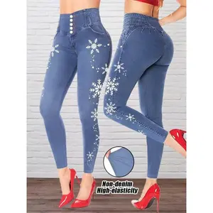 Women's Imitation Denim Skinny Pants, Denim Print Design, Stylish Comfortable Fit for Everyday Wear