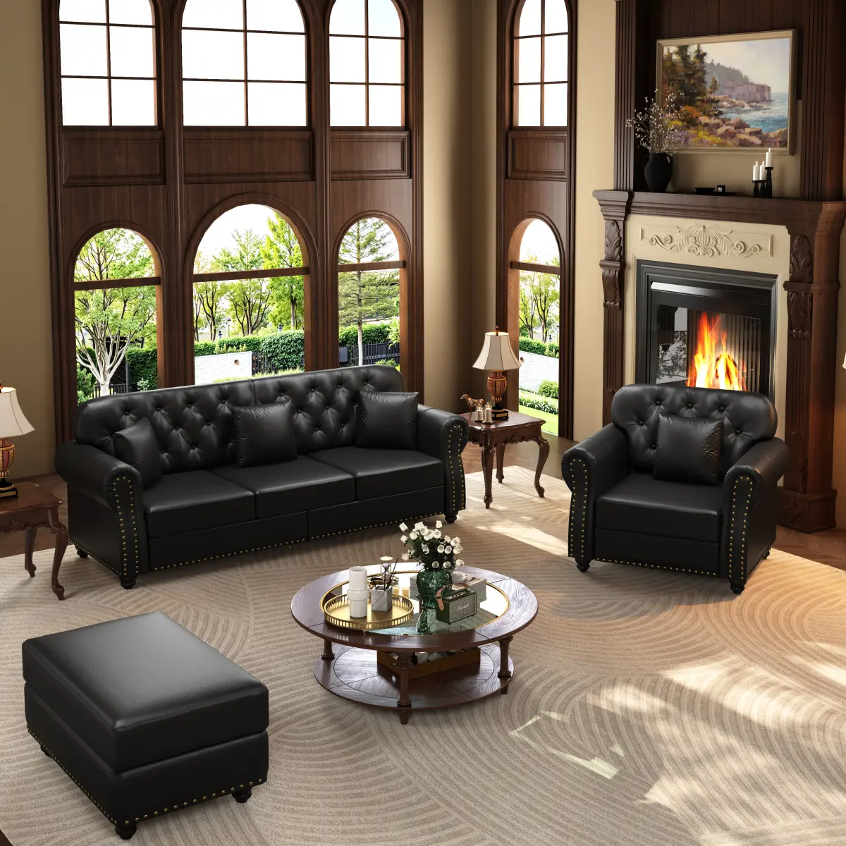 Aobtkel Mid-Century Modern Chesterfield Leatherette Sofa - Divideable, Exquisite, High-Resistance, Luxury Exquisite Sofa Set with Nailhead Trim, Rolled Armrests, Button Tufting, Includes 4 Pillows, Black, Divideable Sofa Sets, Exquisite Sofa Sets