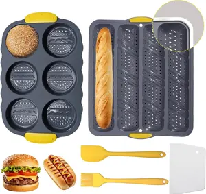 5 Pcs Silicone Hamburger Bread Mold and Baguette Pan Set, 4 Wave French Bread Baking Tray with Reinforced Rim, 6 Cup Nonstick Hamburger Bun Pan with Scraper & Oil Brush for Homemade Bread Baking