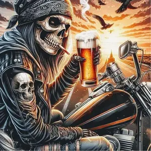 5D DIY Full Drill Round Diamond Painting - Diamond Pattern Design Diamond Art Kit Skull, Beer, Motorcycle Mosaic, Canvas - DIY Decorative Painting, Home Wall Decor, Suitable for Halloween and Christmas, Birthday and Anniversary Gifts