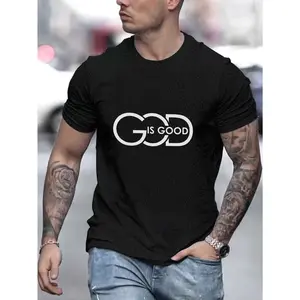 Plus Size Men's T-Shirt Polyester 100% - Crew Neck, Slight Stretch Knit Fabric, Casual Style Graphic 'God is Good' Print Short Sleeve Top for Summer - Regular Fit Adult Tees