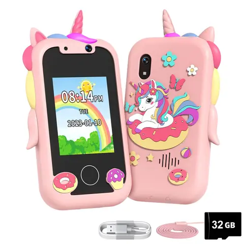 Portable Plastic Digital Point & Shoot Camera with 32GB MicroSD Card, Colorful Design, 2-Cam Creativity, Touchscreen, Learning Tools, Music Player, Games - Toddler Girl Christmas Gift, Kids Christmas Gifts for Ages 3-6