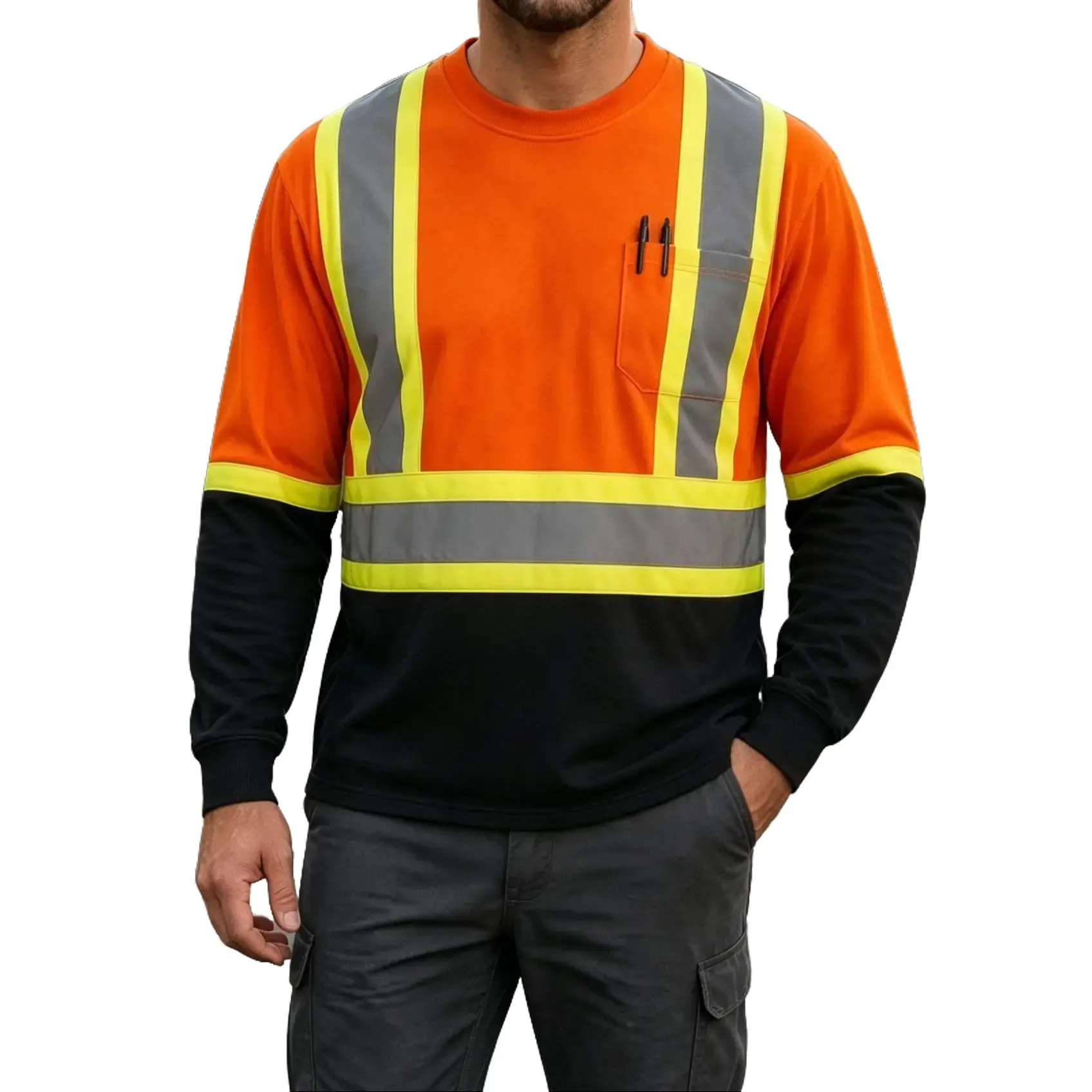 Men's Class 2 3/4 Sleeve Hi-Vis Safety Shirt - Striped Yellow/Orange 2-Tone Workwear with Reflective Tape, Pocket, Durable, Breathable, Quick-Dry Fabric for Construction, Outdoor All-Season Use