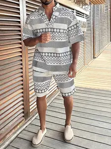Men's Gingham & Chevron Print Short Sleeve Tee & Shorts Pajama Two-Piece Set, Regular Fit Casual Comfy Round Neck T-Shirt & Shorts PJ Set, Men's Sleepwear for Summer, Pyjamas Loungewear
